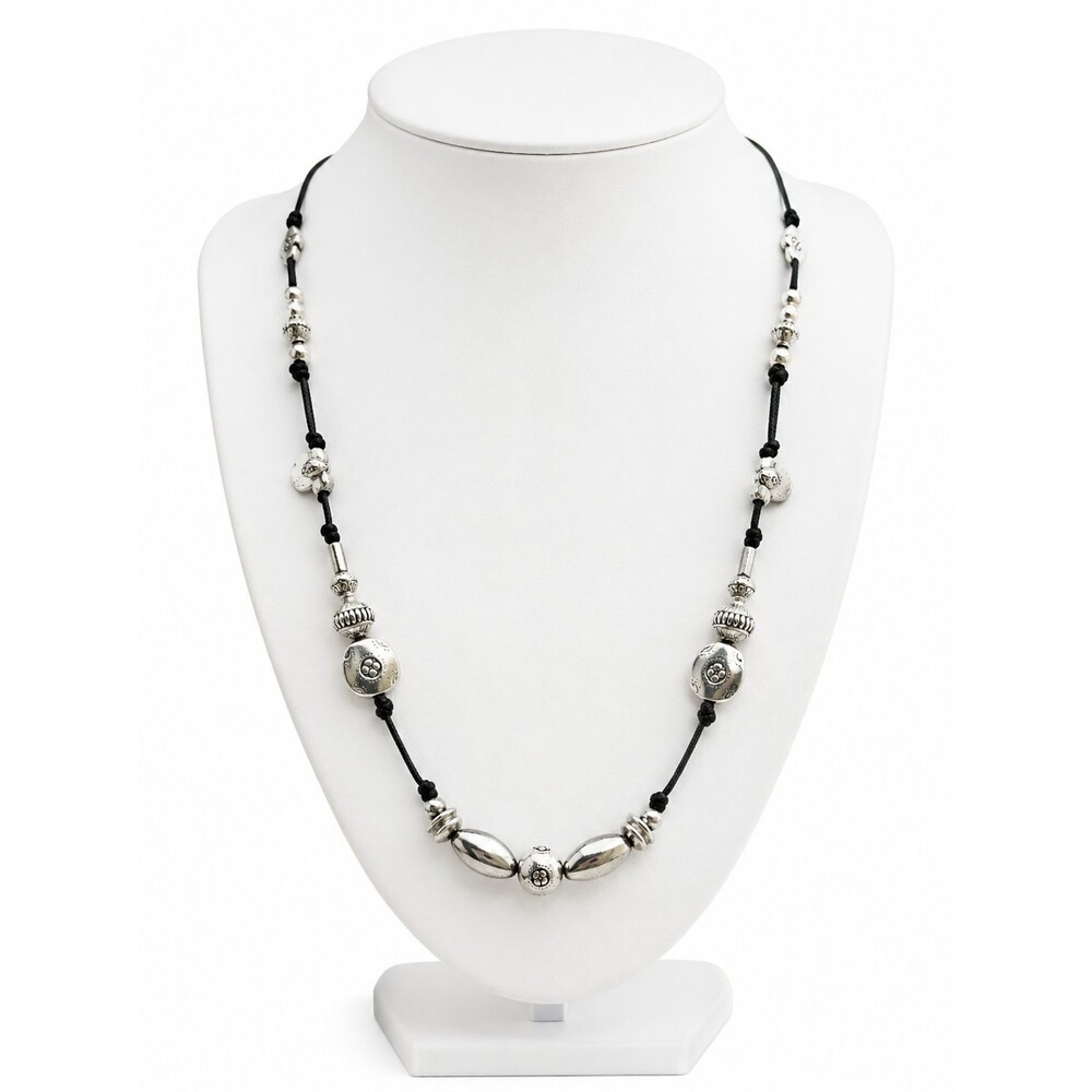 Chicos Vintage Silver Tone Layered Black Cord Tribal Ethnic Boho Bead Necklace